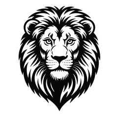 Obraz premium Bold lion head with intense gaze and textured mane black and white vector illustration on white background