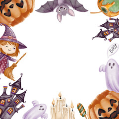 Fototapeta premium A square Halloween frame with pumpkins, ghosts, haunted houses, a witch, bat, and candles. Drawn in a playful watercolor style, perfect for kids' party invitations and spooky seasonal designs.