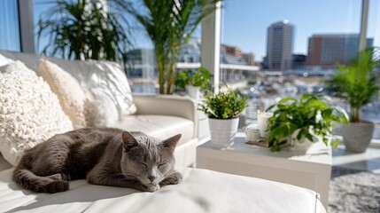 A Russian Blue cat lounges comfortably on a couch, basking in soft sunlight and surrounded by a warm, elegant atmosphere