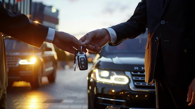 Car key handed to a valet to park a luxury vehicle. evening, shallow depth of field, dramatic light. Keys are handed over, sober. A close up photo of a hand holding the keys to a luxury vehicle. 