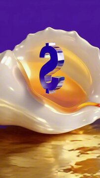 vertical 9:16 A glowing conch shell with a crystalline dollar sign ($) slowly spinning inside, ocean waves made of glittering gold washing underneath, high-def macro fantasy, NFT treasure loop