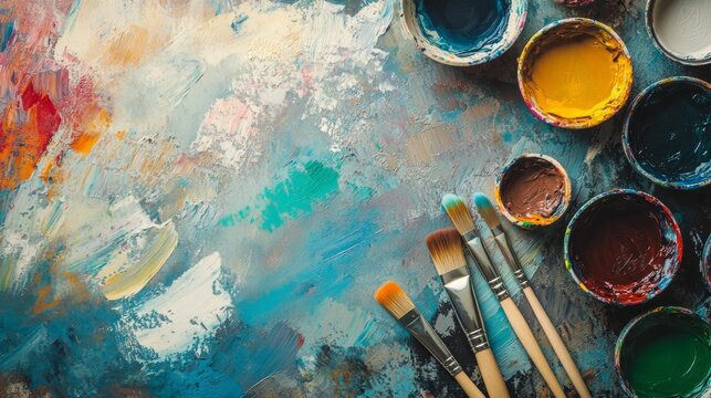 Colorful artist's palette with various paints and brushes on a textured canvas background, showcasing the tools of creativity and artistic expression