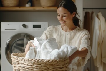 Close up of woman folding clean white towels in laundry room. Freshly washed fabric in wicker basket. Soft texture. Housework. Modern washing machine in background. Hygiene and cleanliness concept