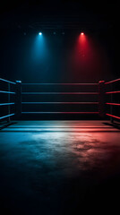 Empty Boxing Ring with Blue and Red Spotlights