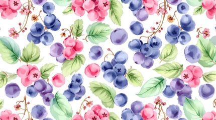 Seamless pattern of red, blue and purple berries on white background	