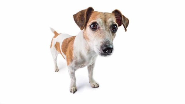 Curious dog standing on white background looking at camera. AI generated video footage with empty white space background. adorable meme dog	
