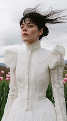 A woman in a vintage white dress stands tall in a tulip field with wind blowing her hair. The cloudy sky and strong expression convey elegance, strength, and timeless beauty.