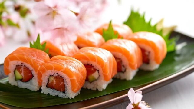 Row of salmon sushi rolls on a green leaf-shaped plate with blurry pink blossoms
