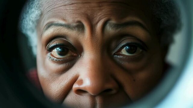 short footage with worried senior black woman looking scared through peephole in the door; concept of elderly scam