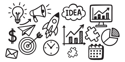 Business money sketch idea icon set. Hand drawn sketch elements for startup, project, goal and teamwork. Business graphic chart, rocket, growth marketing concept in chalkboard. 