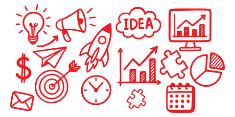 Business money sketch idea icon set. Hand drawn sketch elements for startup, project, goal and teamwork. Business graphic chart, rocket, growth marketing concept in chalkboard. 