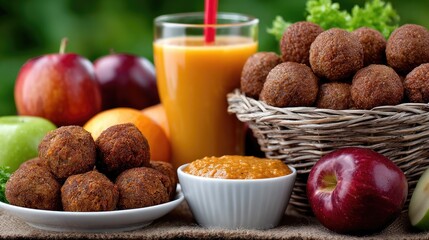 Enjoying a picnic featuring a lovely blanket, assorted fruits, fried meatballs, vibrant fritters, and a refreshing drink under the sun