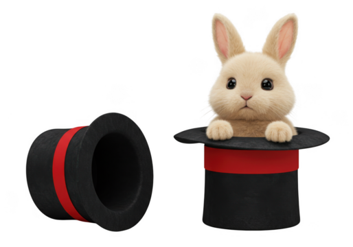 Cute fluffy bunny peeking out of a magician s hat with another hat nearby isolated on transparent background
