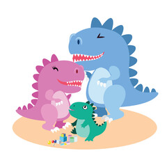 A cute flat vector illustration depicting a happy T-Rex dinosaur family with mom, dad, and baby playing with colorful toys