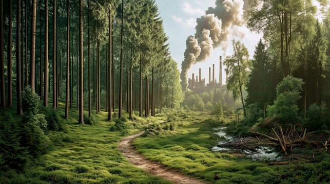 Ecology. Contrast between untouched natural forest and polluted industrial landscape. Illustration of the impact of human industrial activity on nature. Pollution environmental  &ndash; Generative AI
