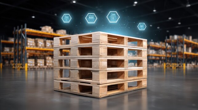 A wooden pallet is showcased in a warehouse setting, surrounded by digital icons representing logistics and inventory management.