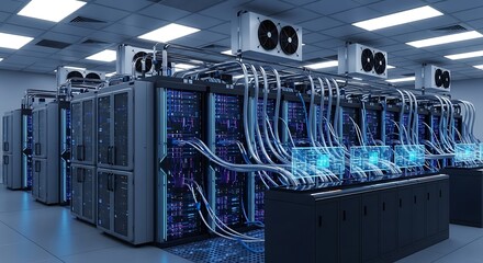 Futuristic data center or supercomputer with an advanced liquid cooling system. (AI Generated)