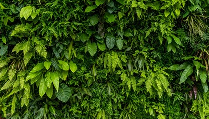 Obraz premium Lush vertical garden featuring diverse ferns and broadleaf plants in vibrant green hues