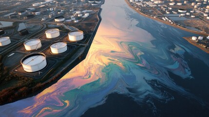 Aerial view of an industrial area with oil tanks beside a river displaying colorful oil slicks, highlighting environmental pollution.