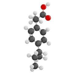 Ibuprofen isolated on transparent background. Detailed 3D model of molecule. Molecular formula: C13H18O2. Chemical model: Ball and Stick. 3D illustration