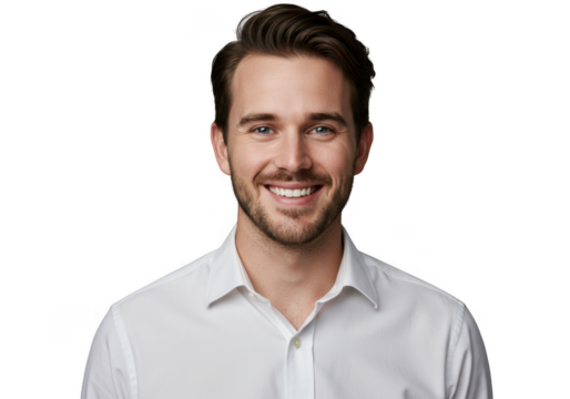 Smiling young man with brown hair and beard wearing a white shirt isolated on transparent background - Powered by Adobe