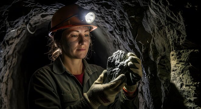 A female miner examines a rock specimen in a dark underground mine tunnel.