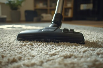 Close-up of vacuum cleaner nozzle on soft beige carpet. Shallow depth of field. Cozy home interior in background. Concept of cleanliness, home care, hygiene, and routine cleaning. Bright and tidy.