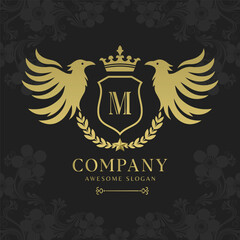 Bird heraldry modern style with a shield and crown logo template Premium Vector
