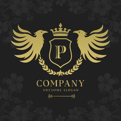 Bird heraldry modern style with a shield and crown logo template Premium Vector
