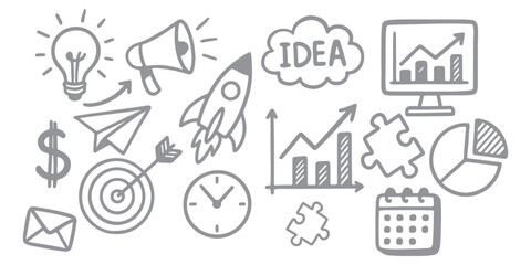 Business money sketch idea icon set. Hand drawn sketch elements for startup, project, goal and teamwork. Business graphic chart, rocket, growth marketing concept in chalkboard. 
