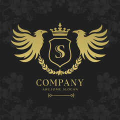 Bird heraldry modern style with a shield and crown logo template Premium Vector