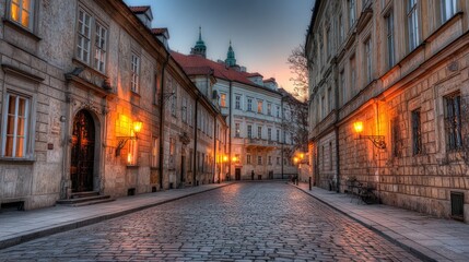 Obraz premium Cobblestone street at twilight, old buildings, warm light