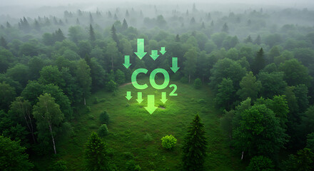 Carbon Capture Concept Forest as a Natural Carbon Sink with CO2 Arrows Indicating Absorption Process