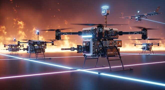 Fleet of advanced, AI-powered drones for surveillance or military operations on a futuristic runway. (AI Generated)