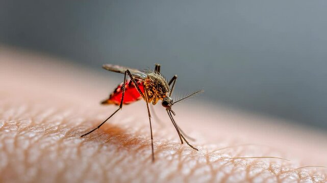 Close-up of a mosquito feeding on human skin in high detail