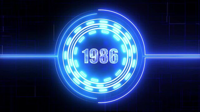 1986 text with screen effects of technological failures. Concept of counting years. Past year technology concept