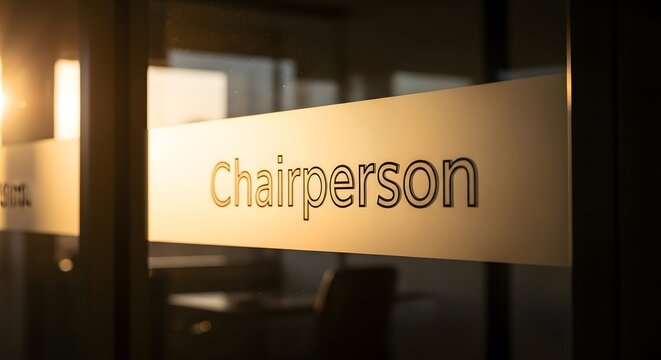 A frosted glass door with the word "Chairperson" displayed on it.