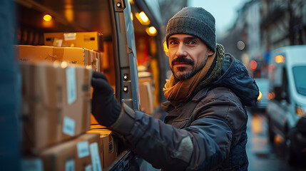 Delivery worker sorting packages into van on busy street during winter