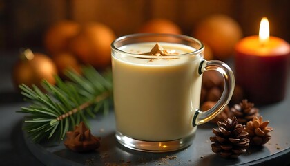 Creamy eggnog delights on a festive display with candle warmth, ornaments and seasonal pine, offering a cozy holiday treat.