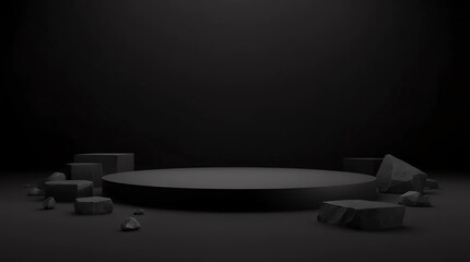 Black rock pedestal or podium display with stone platform concept on dark background. Blank shelf stand for showing product. 3D rendering