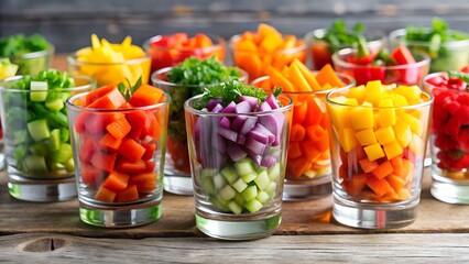 Colorful Diced Vegetables in Glasses on Rustic Wooden Surface