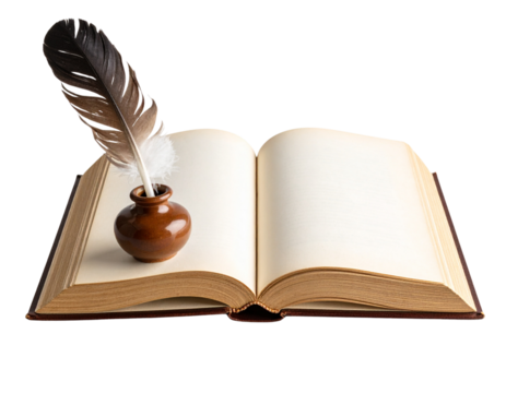 Black Feather Quill Dipped in Ink Pot Sitting on Open Aged Book, Isolated PNG