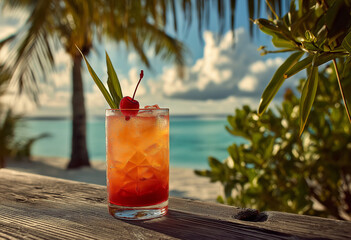 A tropical cocktail in an elegant glass, with the vibrant colors of orange and red, cocktail, drink, beach, glass