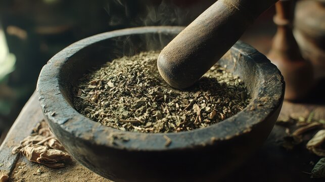 Traditional Mortar and Pestle Grinding Dried Herbs with Steam - Powered by Adobe