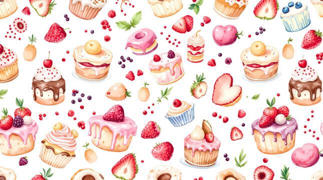 Watercolor Sweet desserts pattern on white background
