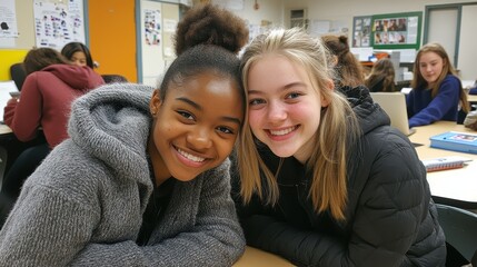 Radiant Smiles of Two Young Women in Classroom Setting
