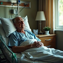 Senior man lying in hospital bed, looking pensive and vulnerable, surrounded by medical equipment in a softly lit room, depicting healthcare and aging