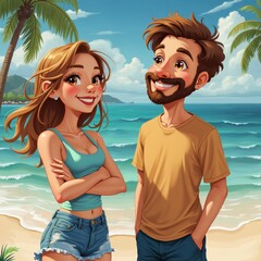 Cheerful animated characters, a woman with blonde hair and a bearded man, smiling on a sunny beach with palm trees and turquoise waters