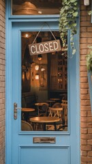 Blue wooden door of a closed cafe with a rustic 'Closed' sign, reflecting warm interior lights and surrounded by lush green plants