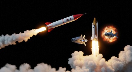 Three Rockets and Space Shuttle Launching into a Starry Night Sky with Fiery Explosion in Distance